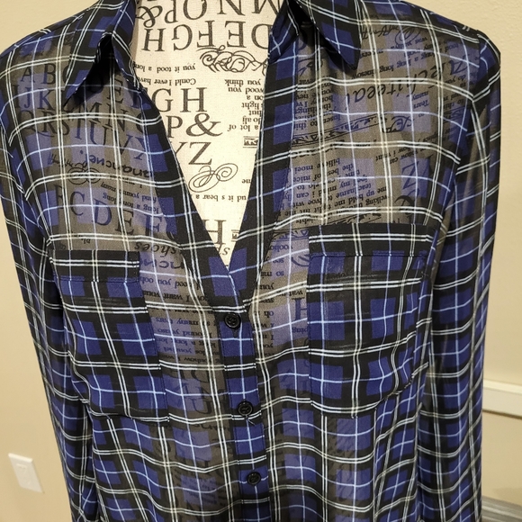 Express Portofino womens SZ Sm. Semi Sheer Button Down blouse blue plaid Office - Picture 4 of 10